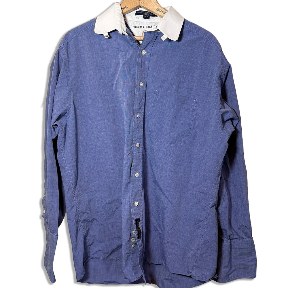 Tommy Hilfiger Dress Shirt 16 34 Blue Contrast White Collar Button Down Cotton